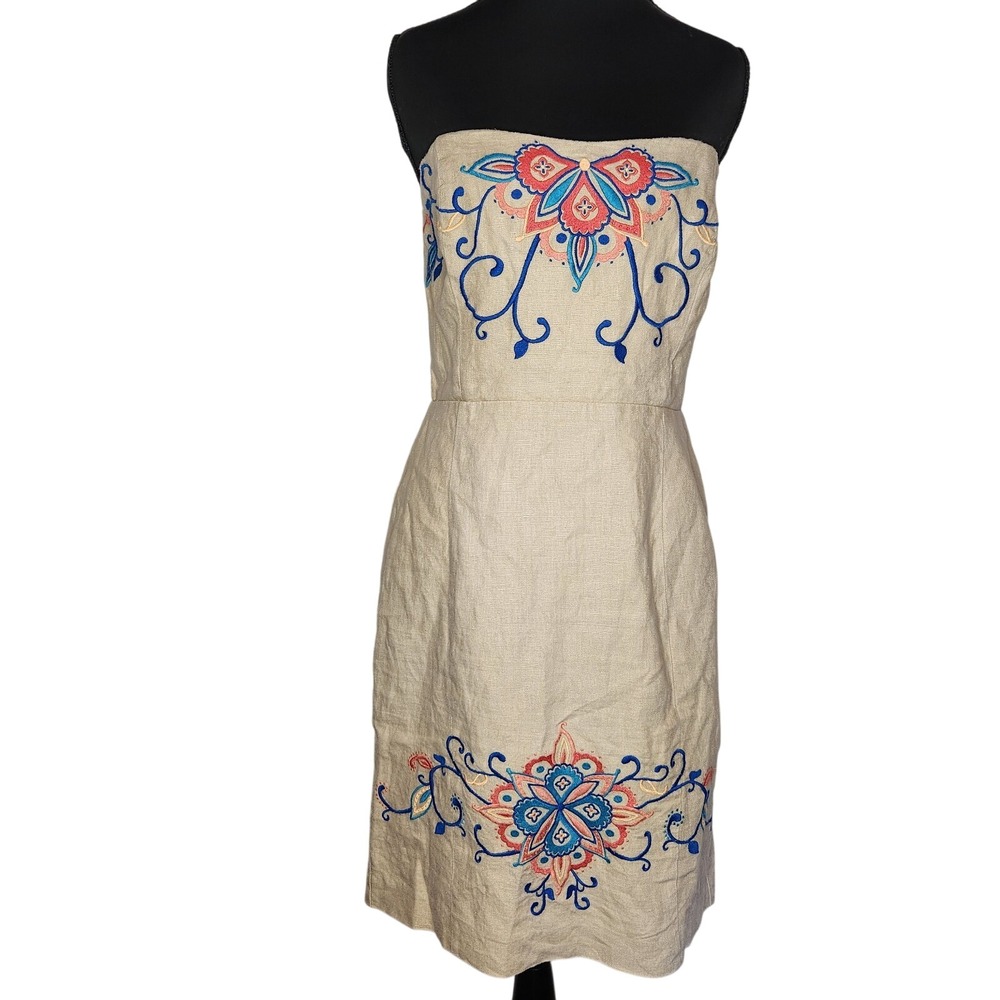 BANANA REPUBLIC Linen Dress Womens 4 Beige Colorful‎ Embroidery Strapless Summer